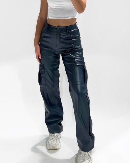 ‘Leather’ cargo broek navy